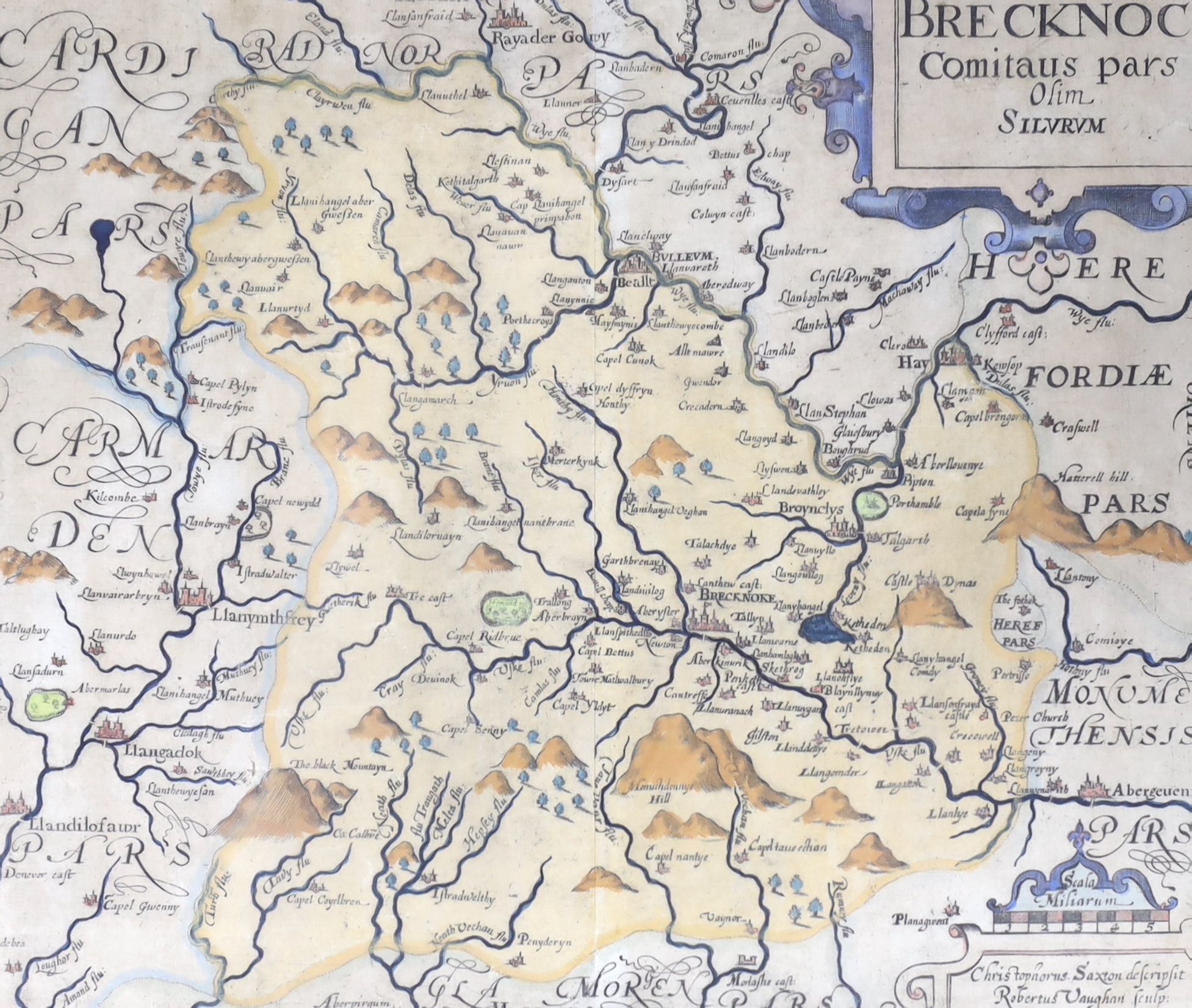 Christopher Saxton (c.1540- c.1610) and Robert Vaughan, hand-coloured map of Brecknoc (Brecknockshire), 1607, unframed, 29 x 33cm